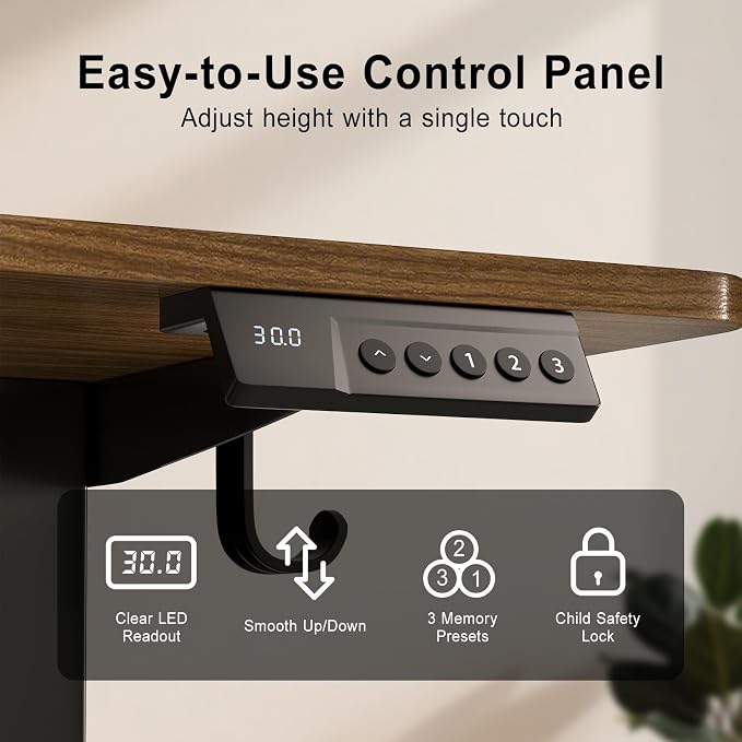 Height Adjustable Electric Desk, 55x24 Inches Stand up Desk with 3 Memory Presets & Child Lock, Quiet Motor, T-Leg Steel Frame, for Computer Workstation or Server Desk, Brown