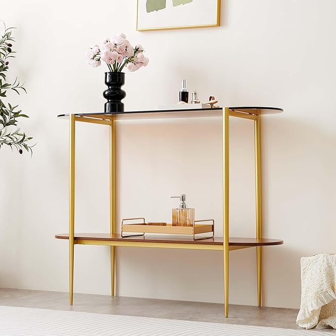 LumFurn Oval Glass Console Table for Living Room, Foyer & Entrance, 2-Tiers Mid-Century Modern Sofa Table with Amber Glass Top, Walnut Finish Wood Top and Gold Finish Metal Frame