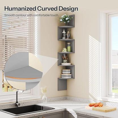 HOOBRO Corner Shelf Wall-Mounted, Set of 2 Floating Corner Shelves for Wall, 5-Tier Bookshelves for Wall Decor in Living Room, Bedroom, Home Office, Dove Gray GY26BJP201