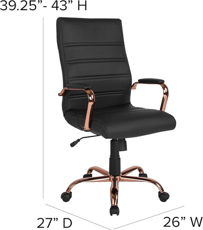EMMA + OLIVER Faux Leather High-Back Swivel Home Office Desk Chair with Wheels, Padded Seat, and Armrests, Adjustable Height Multipurpose Office Chair, Black/Rose Gold