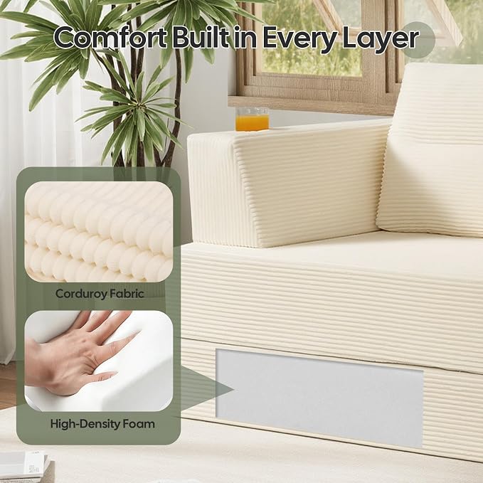 COMAX Futon Sofa Bed Queen, 79" Convertible Sofa Bed Couches for Living Room, 4 in 1 Folding Boneless Sleeper Corduroy Couch Loveseat Foam In a Box, Comfy Foldable Lounge Fold Out Floor Mattress Beige