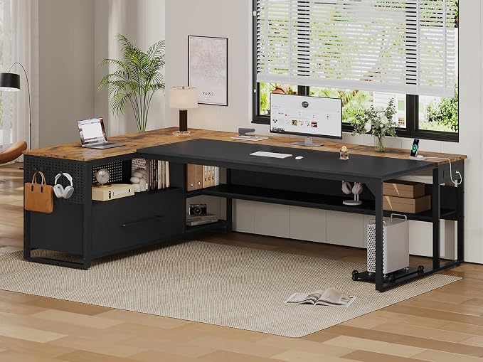 UPOSOJA 71" Executive Desk, Large Office Desk with Widen File Drawers & Power Outlets, Reversible L Shaped Computer Desk Corner Desk with Storage Shelves, CPU Stand, Hooks, Business Furniture