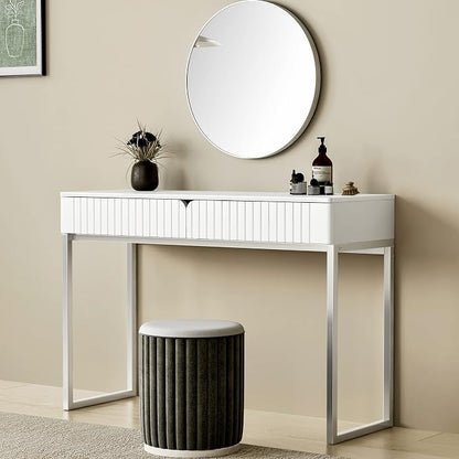 Tamworth Design Modern Multi-Purpose Desk, White & Antique Brass, 43" L x 15.75" W, 2 Large Drawers, Computer/Vanity/Study, Adult Size