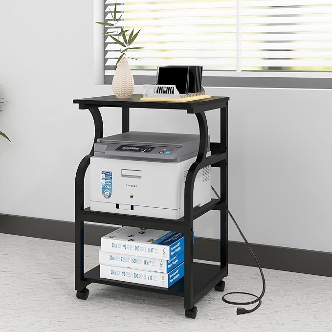 Natwind 3 Tier Printer Stand,Rolling Printer Table with Adjustable Storage Shelf for Home Office Organization,Multifunctional Shelves for Heat Press,3D Printer (Black)