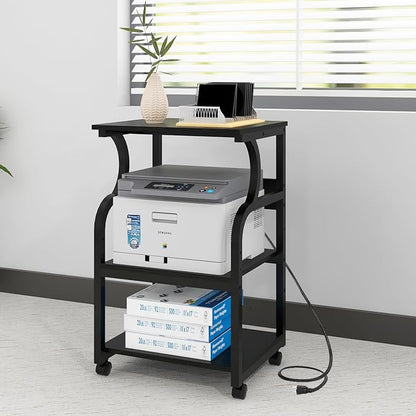 Natwind 3 Tier Printer Stand,Rolling Printer Table with Adjustable Storage Shelf for Home Office Organization,Multifunctional Shelves for Heat Press,3D Printer (Black)