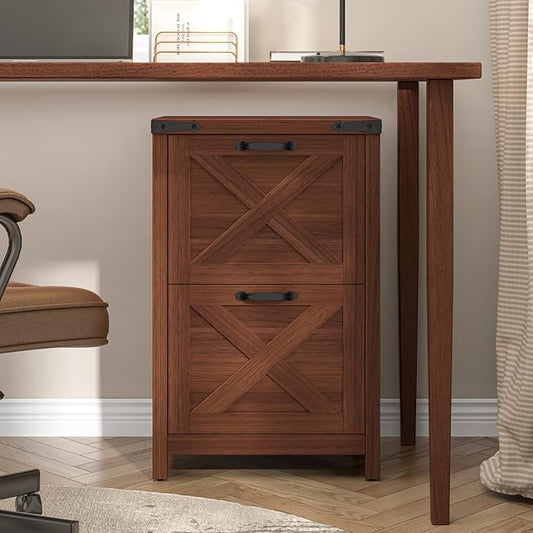 Halitaa 2 Drawer Small File Cabinet, Farmhouse Vertical Filing Cabinet Fits Letter and A4 Size, Under Desk Wooden File Cabinets for Home Office, Printer Stand, Walnut
