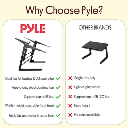 Pyle Portable Dual Laptop Stand - Standing Table with Adjustable Height, Ergonomic Design & Anti-Slip Prongs for DJ Mixer, Sound Equipment, Workstation, Gaming & Home Use - PLPTS38, Black