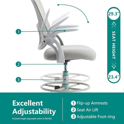 DUMOS Drafting Chair for Standing Desk, Flip-up Arms, Counter Height Adjustable, Ergonomic Mid Back Mesh Rolling Work 360°Swivel Home Office Computer Chairs with Wheels, Grey