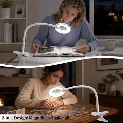 Clip On Magnifier Desk Lamp, Flexible Gooseneck, 2-in-1 Magnifying Glass 3X+6X Led Work Light for Reading, 3 Dimmable Office Magnifying Lamp, Hands Free Mag Desk Lamp for Crafts Sewing Needlepoint