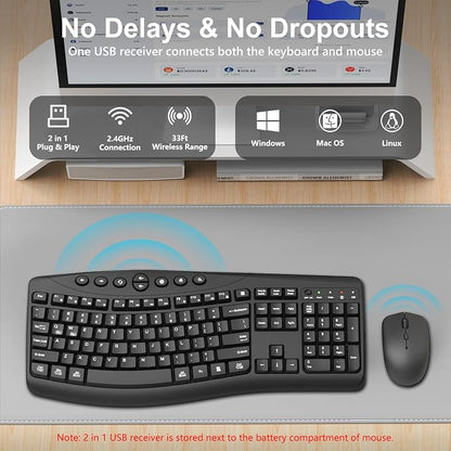 Wireless Keyboard and Mouse Combo, 2.4G Full Size Quiet Ergonomic Curved Keyboard for Natural Typing, 3-Level DPI Adjustable Silent Mouse for Windows, Mac OS, Desktop/Laptop/Office and Home (Black)