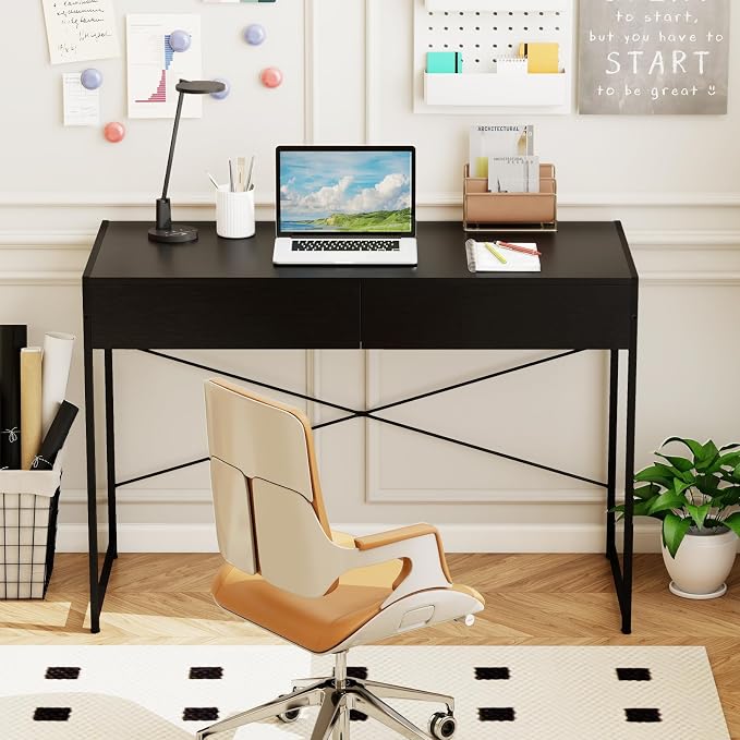GOFLAME 44 Inch Computer Desk with 2 Drawers, Home Office Desk with Metal Frame, Small Study Writing Workstation with Storage, PC Laptop Table for Living Room, Bedroom, Study, Black