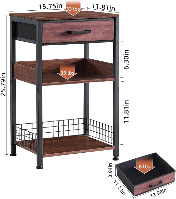 Lerliuo Walnut Printer Stand with Fabric Drawer, 3 Tier Industrial Side Table, Modern Small Printer Desk Holder with Storage Shelf,Multi-Functional Bedside Tables for Home Office Fax Machine Scanner