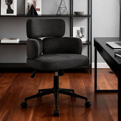 Modern Upholstered Office Chair with Wheels, Adjustable Height Swivel Desk Chair with Arms, Comfy Fabric Task Chair for Home Office, Bedroom, Study Room, Rolling Base,Black