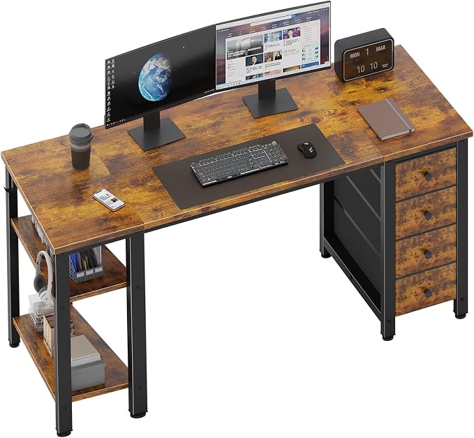 Lufeiya 55 inch Computer Desk with 4 Fabric Drawers & Storage Shelves, Writing Work Study Desk for Home Office Bedroom, Modern Simple Student PC Desks Table, Rustic Brown