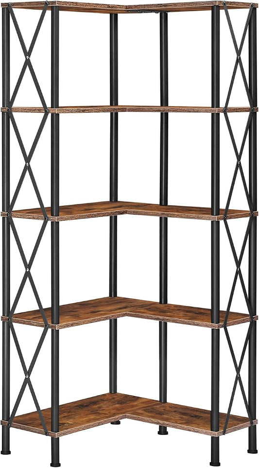 HOOBRO Corner Bookshelf, 5-Tier L-Shaped Bookcase, Industrial Open Display Shelf Tall Storage Organizer, Vertical Storage Rack, for Living Room, Home Office, Rustic Brown and Black BF60SJ01