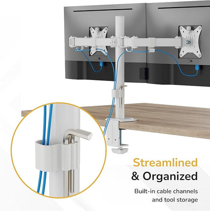 Mount-It Dual Monitor Arm for Desk, Full Motion Steel Mount 17-32 Inch | Holds up to 19.8 lbs per Arm, VESA 75x75 100x100, C-Clamp and Grommet Base, Cable Management, Height Adjustable, White