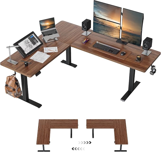 Cubiker Reversible L Shaped Standing Desk - 63 x 55 Inch Electric Adjustable Height Corner Standing Desk, Ergonomic Sit Stand Up Table with 3 Memory Buttons, Splice Board for Home Office, Black Walnut