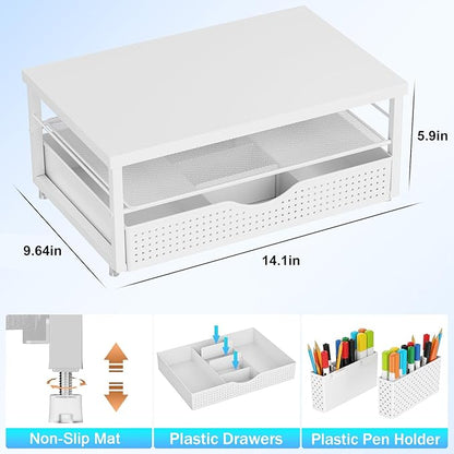 gianotter Desk Organizers and Accessories, Monitor Stand with Drawer and 2 Pen Holder, Desktop Organizer Suitable for Offices and Dormitories (White-Plain)