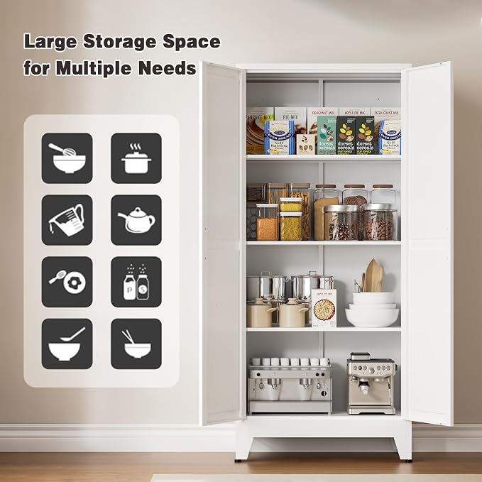 61" Tall Metal Pantry Cabinet, Kitchen Storage Cabinet with 2 Doors and 3 Adjustable Shelves for Kitchen, Living Room, Dining Room, Bathroom and Home, Office (White, 1PC)