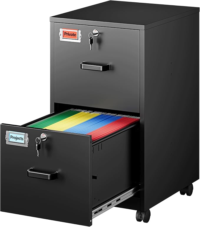 PEUKC 2 Drawers Mobile File Cabinet with Lock, Under Desk Rolling File Cabinet for Home Office, Organizes Letter Legal A4 Files, Black(Assembly Required)