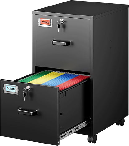 PEUKC 2 Drawers Mobile File Cabinet with Lock, Under Desk Rolling File Cabinet for Home Office, Organizes Letter Legal A4 Files, Black(Assembly Required)