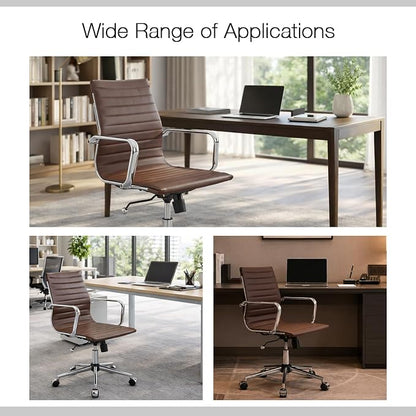 Office Chair with Arms, Brown Faux Leather Desk Chair with Ribbed Mid Back, Adjustable Height Swivel Computer Chair for Home Office, Conference Room and Reception