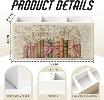 Vintage Pink Bow Book Floral Pen Pencil Holder for Desk, Book Lovers Reader Gifts, Bookish Wooden Box Sign Decorations for Reading Room Classroom Bedroom Desk