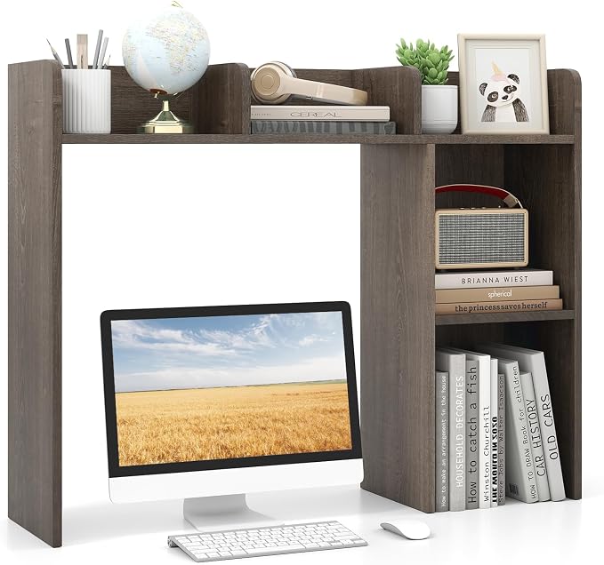 GOFLAME 5 Shelves Desktop Bookshelf, Wood Desk Hutch Dorm for Computer Desk, Countertop Display Rack, 3-Tier Desk Storage Organizer Shelf for Dormitory, Home Office, Study, Gray