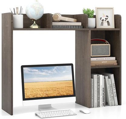 GOFLAME 5 Shelves Desktop Bookshelf, Wood Desk Hutch Dorm for Computer Desk, Countertop Display Rack, 3-Tier Desk Storage Organizer Shelf for Dormitory, Home Office, Study, Gray