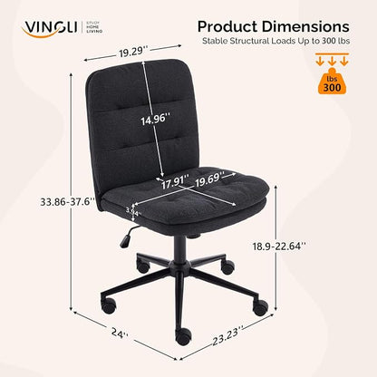 VINGLI Mid Back Armless Office Desk Chair with Wheels/no Wheels,360°Rocking Swivel Vanity Chair with Thickened Cushion,Adjustable Height Rolling for Reading Room, Make up, Linen Black