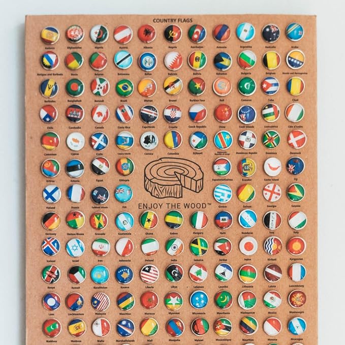 Enjoy The Wood 3D Wooden World Map Wall Art - Large Travel Map with Pins for Art Decor - Decorative Map of the World for Home, Office - Travel Wall Art Housewarming Gift Idea (Flags Push Pins, Pins)