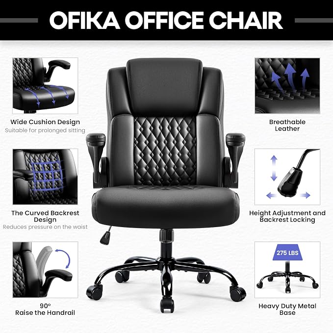 OFIKA Leather Office Desk Chair,Ergonomic Office Chair with Lumbar Support,Computer Chair,Executive Leather Chair with Padded Flip-up Arm,Adjustable Armrests, Black,275LBS