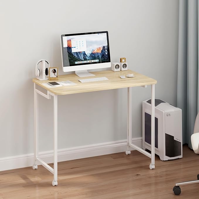 JSB Folding Desk for Small Spaces,Mobile Portable Rolling Laptop PC Table on Wheels,Foldable Computer Desk for Home Office,Bedroom,Dorm,Space Saving (Natural & White, 27.6")