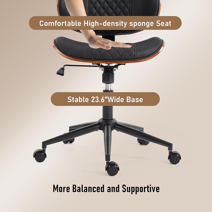 DYHOME Modern Walnut Home Office Chair with Wheels, Executive Office Desk Chair No Arms, Adjustable Height Small Desk Chair, Comfy PU, Deeper Cushion, Mid Back 360 Swivel Computer Chair, Black