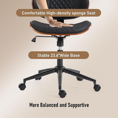 DYHOME Modern Walnut Home Office Chair with Wheels, Executive Office Desk Chair No Arms, Adjustable Height Small Desk Chair, Comfy PU, Deeper Cushion, Mid Back 360 Swivel Computer Chair, Black