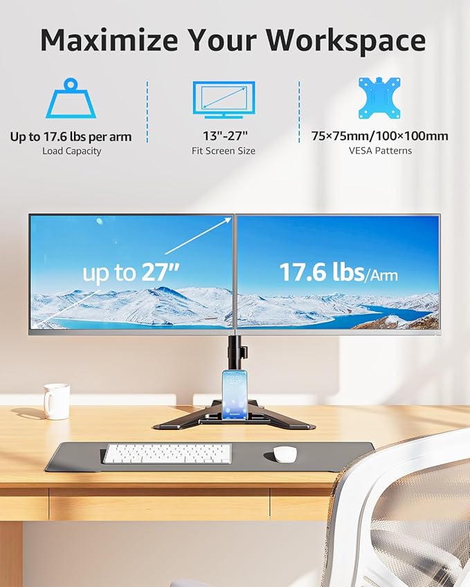 MOUNTUP Dual Monitor Stand - Freestanding & Height Adjustable Monitor Desk Mount, Steady VESA Mount Holds Max 17.6 lbs, Computer Monitor Stand for 2 Screens up to 27 inches, for Home Office