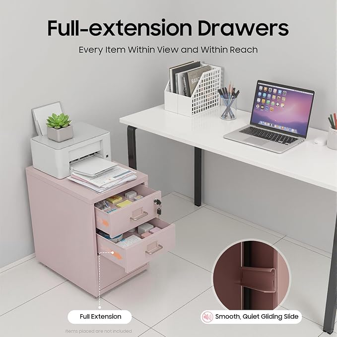 3-Drawer Metal File Cabinet, Mobile File Cabinet with Lock, Rolling Vertical Filing Drawers Under Desk for Home Office, 11 * 16 * 18.3in (Light Pink)