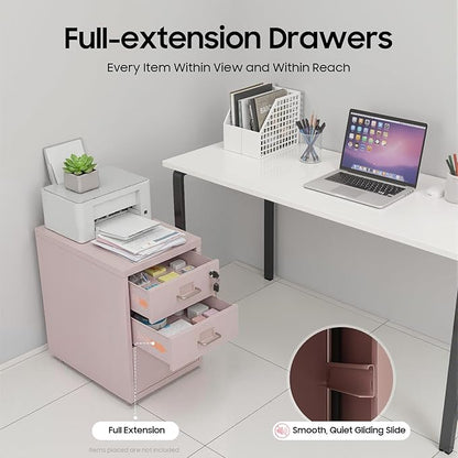 3-Drawer Metal File Cabinet, Mobile File Cabinet with Lock, Rolling Vertical Filing Drawers Under Desk for Home Office, 11 * 16 * 18.3in (Light Pink)