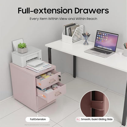 Pink File Cabinet, 3 Drawer File Cabinet with Lock, Metal Mobile Vertical Pink Desk Organizer, Rolling Cabinet with Lock and Wheels Under Desk for Home Office