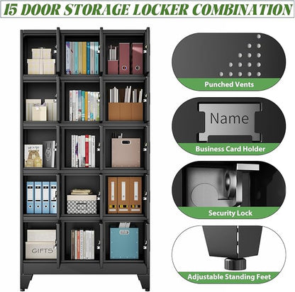 erosoei Metal Lockers for Employees, 15 Doors Metal Storage Locker | with Card Slot and Ventilation Holes, Steel Employee lockers for Home Office School Gym Garage, Requires Installation