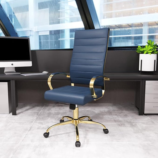 LeisureMod Modern High-Back Leather Office Chair - Swivel & Adjustable Executive Desk Chair with Gold Frame, Ergonomic Design for Home & Office (BOTG19BUL, Single)