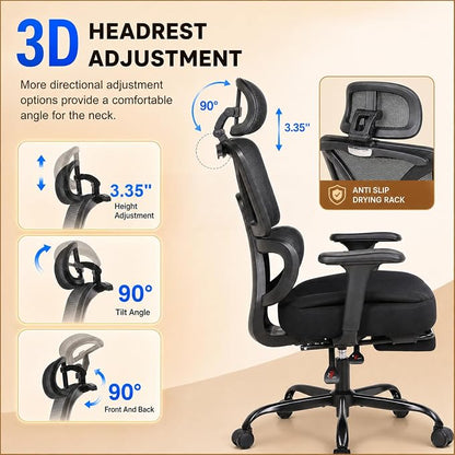 Ergonomic Office Chair with Footrest - High Mesh Back Computer Desk Chair | with Back Support, 135° Reclining, 4D Armrest & Headrest, 400lbs Thickened Seat Cushion, for Home Office, Work & Gaming