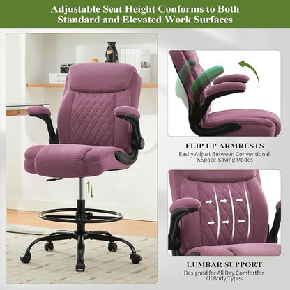 Drafting Chair Tall Office Chair for Standing Desk, Ergonomic Tall Desk Chair with Adjustable Foot Ring, Flip-Up Armrests, Lumbar Support, Comfortable Fabric Seat – Ideal for Home and Office Use