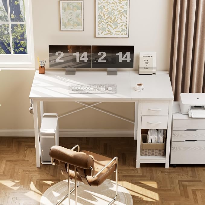 Sweetcrispy 47 Inch Computer Desk with Drawers Home Office Gaming X-Shaped Reinforcement Modern Wood Study Surface Side Hook Sturdy Metal Frame Large Storage Station White