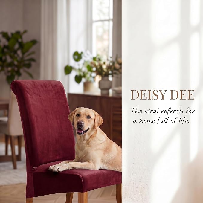 Deisy Dee Stretch XL/Oversized Extra Large Velvet Dining Room Chair Covers for Kitchen Dining，Removable Washable Chair Protectors Slipcovers (Burgandy, 2)