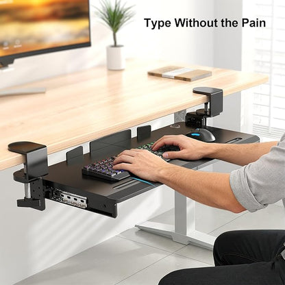 Supcline Keyboard Tray Under Desk with 60° Swivel C-Clamp & Height Adjustment for Corner Desk, 25.6 x 11.8 in Slide Out Keyboard Mouse Platform for l-Shaped & L-Shaped Table, Pull Out Keyboard Drawer