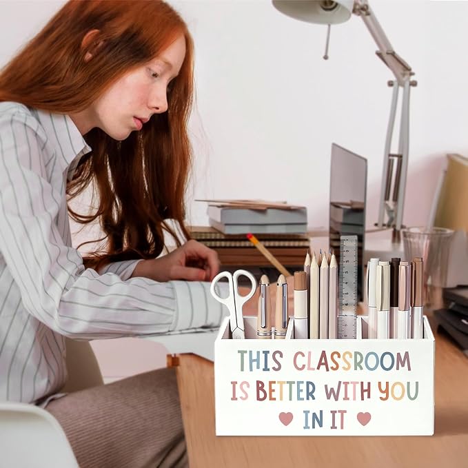 Boho Classroom Pen Pencil Holder for Desk, This Classroom Is Better with You in It Motivational Wooden Box Sign Decorations for Kids Room Bedroom Playroom Desk Tabletop
