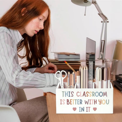 Boho Classroom Pen Pencil Holder for Desk, This Classroom Is Better with You in It Motivational Wooden Box Sign Decorations for Kids Room Bedroom Playroom Desk Tabletop