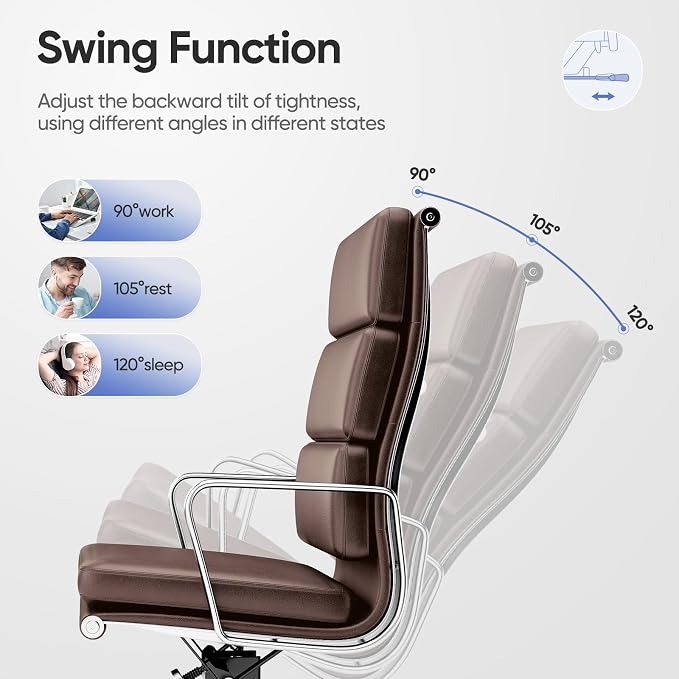 Genuine Leather Office Chair, Padded High Back Ergonomic Executive Desk Chair with Aluminum Arm Rest and Base, Swivel Wheels with Lumbar Support & Tilting Function, Hight Adjustable, Dark Brown