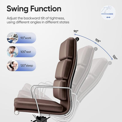 Genuine Leather Office Chair, Padded High Back Ergonomic Executive Desk Chair with Aluminum Arm Rest and Base, Swivel Wheels with Lumbar Support & Tilting Function, Hight Adjustable, Dark Brown